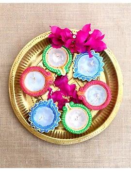 Multi-Colour Handpainted Diyas With Wax Candles For Diwali - Set of 12 : DDW12-DDW12-sm