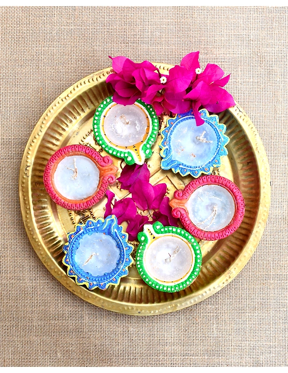 Multi-Colour Handpainted Diyas With Wax Candles For Diwali - Set of 12 : DDW12-DDW12