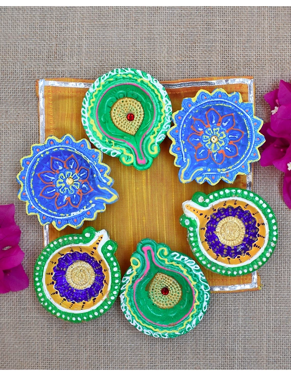 Traditional Multi Colour Clay Handpainted Diya For Diwali Set of 12 : DDY12-DDY12