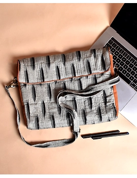 &quot;Samarth&quot; laptop bag in grey ikat and faux leather : LBM04-LBM04-sm
