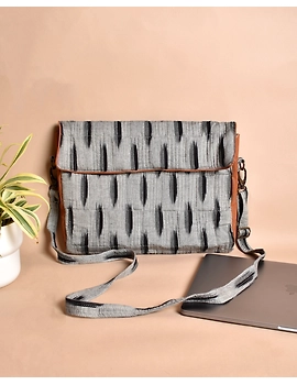 &quot;Samarth&quot; laptop bag in grey ikat and faux leather : LBM04-2-sm