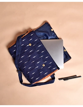 &quot;Samarth&quot; laptop bag in blue ikat and faux leather : LBM05-1-sm