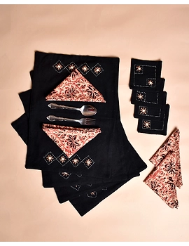 Black cotton embroidered table mat set with coasters and kalamkari napkins : HTS07E-Four-1-sm