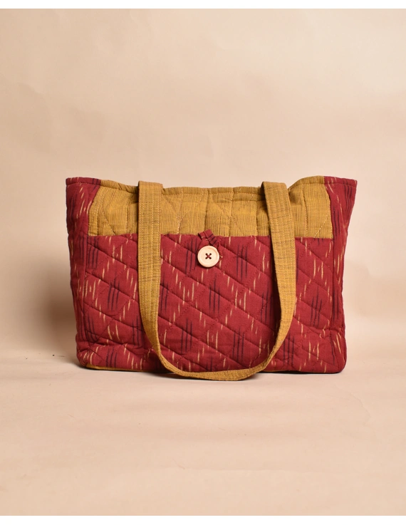 QUILTED RED AND BROWN KALAMKARI PURSE BAG WITH POCKETS: TBD01-2