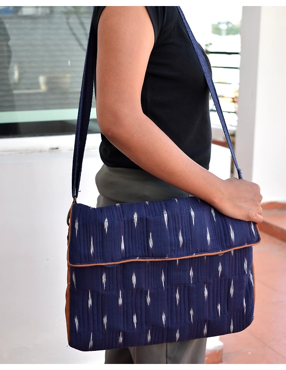 &quot;Samarth&quot; laptop bag in blue ikat and faux leather : LBM05-5