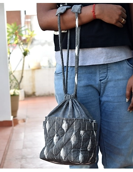 Gift hamper potli cum lunch bag in grey and grey ikat cotton : MSL08A-4-sm