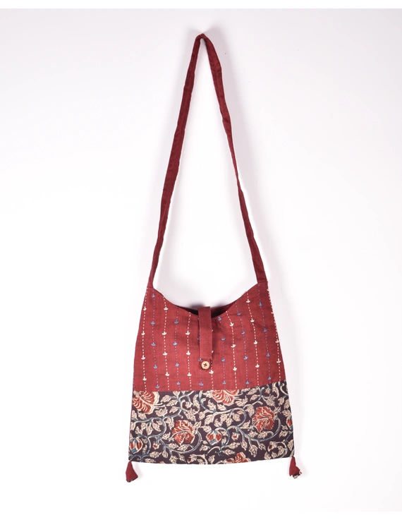 Maroon Kalamkari sling bag with embroidery : SBG04-1