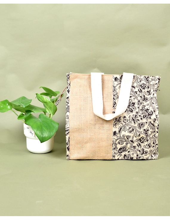 BLACK KALAMKARI AND JUTE LUNCH BAG: MSL04A-MSL04
