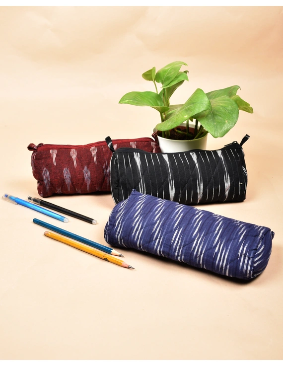Maroon Ikat round shape pencil pouch : PPR01A-1