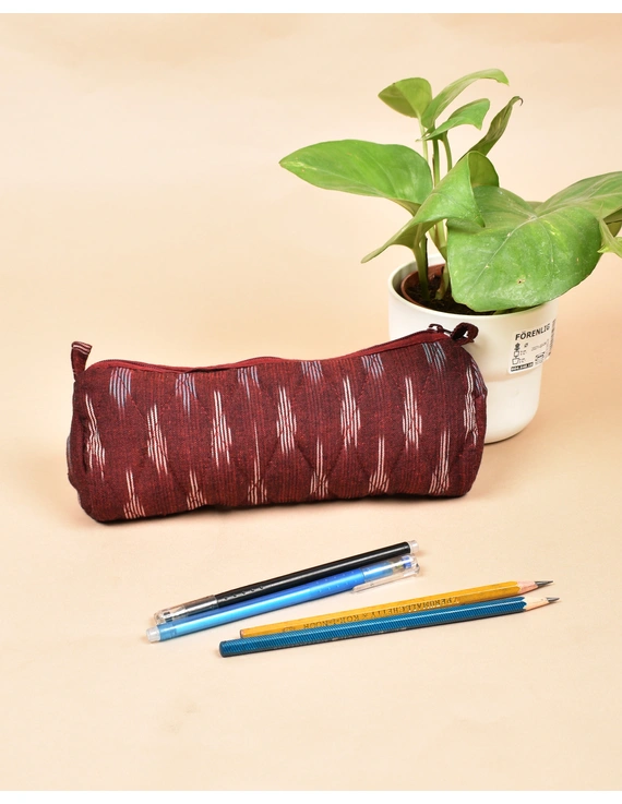 Maroon Ikat round shape pencil pouch : PPR01A-PPR01A