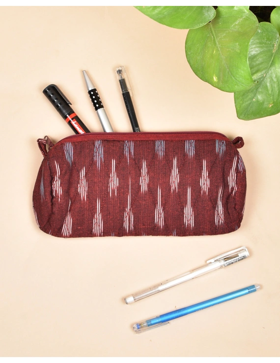 Maroon Ikat round shape pencil pouch : PPR01A-2