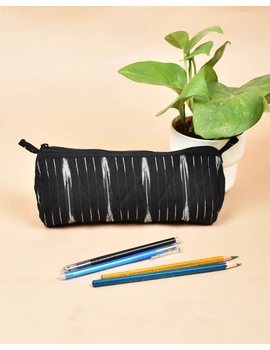 Black ikat round shape pencil pouch: PPR01B-PPR01B-sm