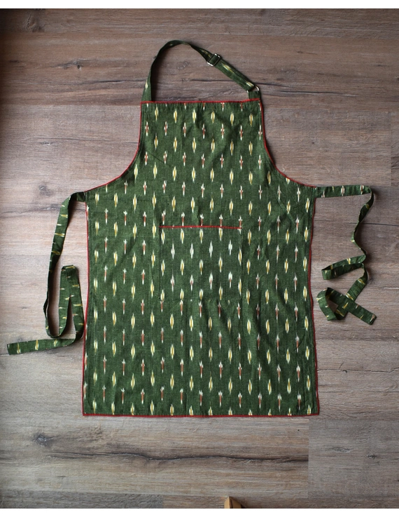 Apron, oven glove and potholder set in green ikat: HKL02A-1