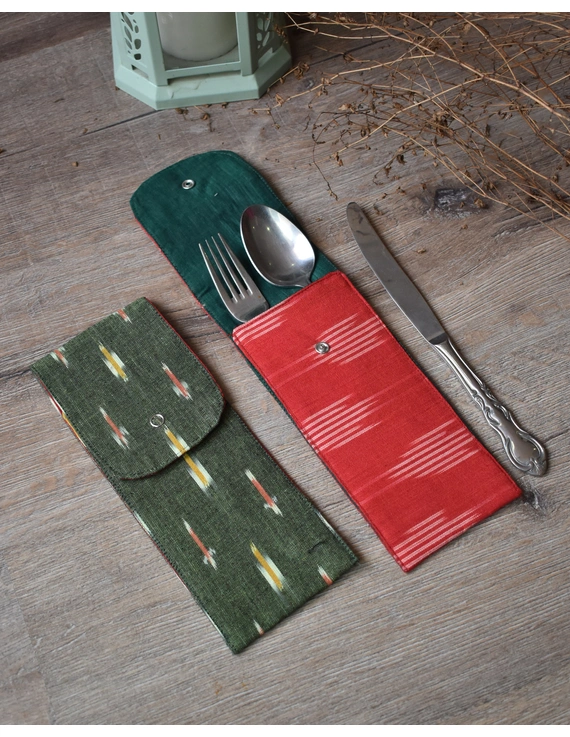 Travel cutlery pouch or reusable straw holder in green ikat - set of four - HTC04A-HTC04A
