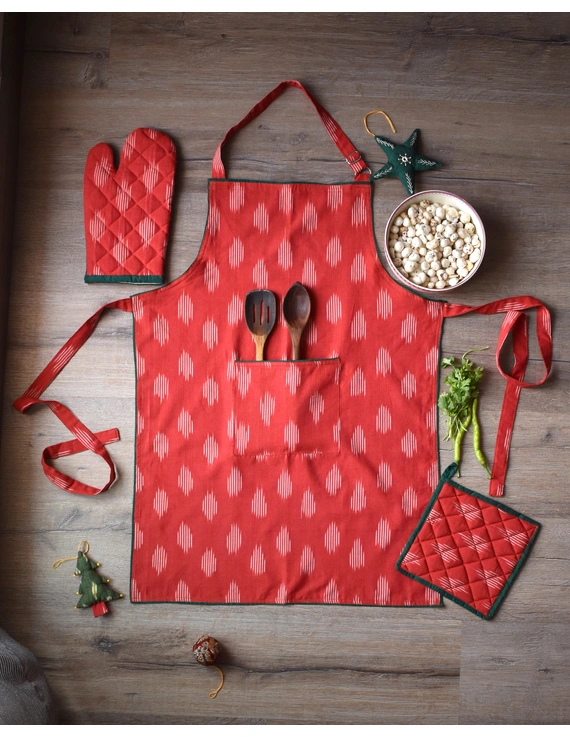 Apron, oven glove and potholder set in red ikat: HKL02B-HKL02BK