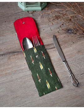 Travel cutlery pouch or reusable straw holder in green ikat - set of four - HTC04A-1-sm