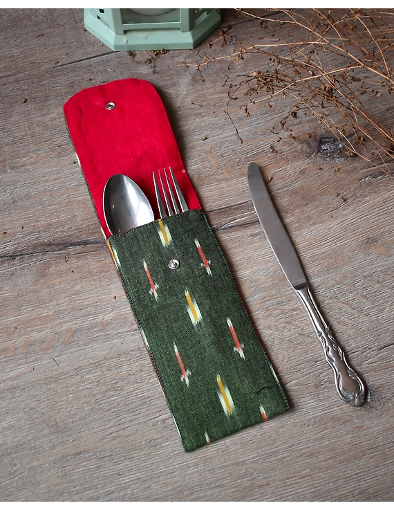 Travel cutlery pouch or reusable straw holder in green ikat - set of four - HTC04A-1