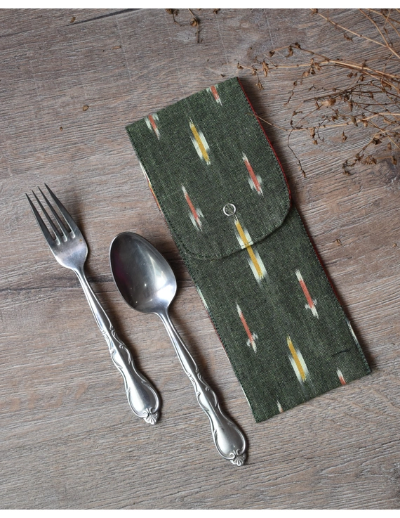 Travel cutlery pouch or reusable straw holder in green ikat - set of four - HTC04A-2