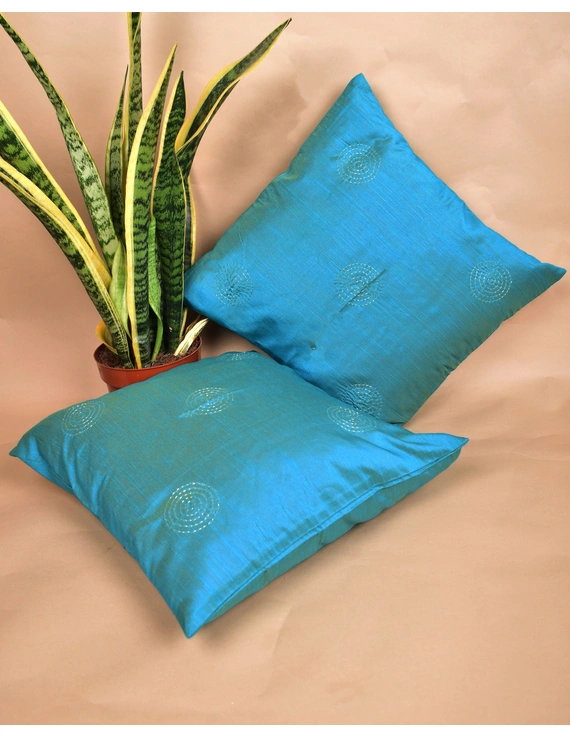 Sky blue Silk Cushion Cover With Round Embroidery : HCC52-2