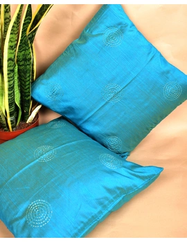 Sky blue Silk Cushion Cover With Round Embroidery : HCC52-3-sm