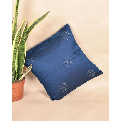 Blue Silk Cushion Cover With Round Embroidery : HCC40B