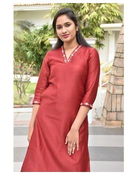 Red chanderi silk kurta with hand embroidery : LK470A-L-1-sm