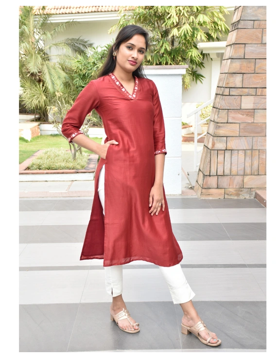 Red chanderi silk kurta with hand embroidery : LK470A-LK470A-S