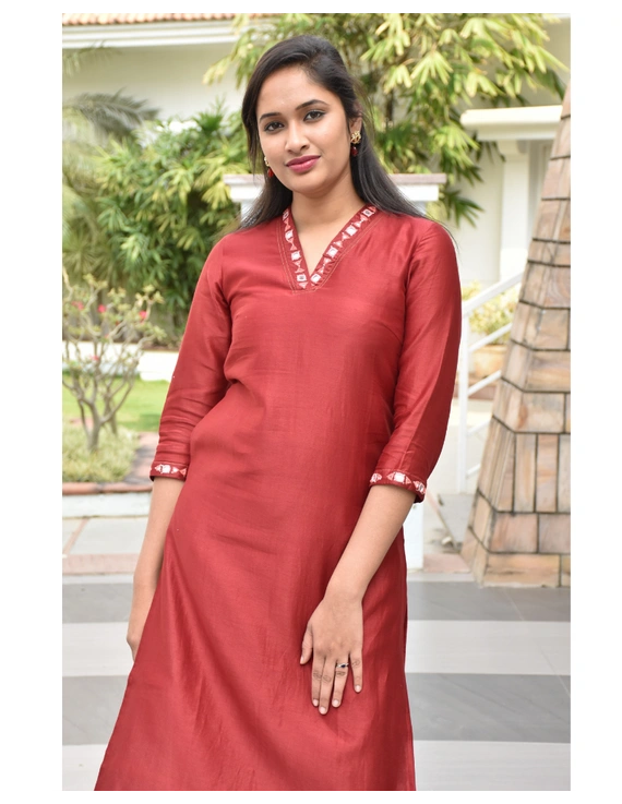 Red chanderi silk kurta with hand embroidery : LK470A-S-1