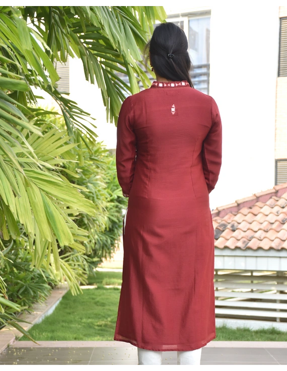 Red chanderi silk kurta with hand embroidery : LK470A-XL-5
