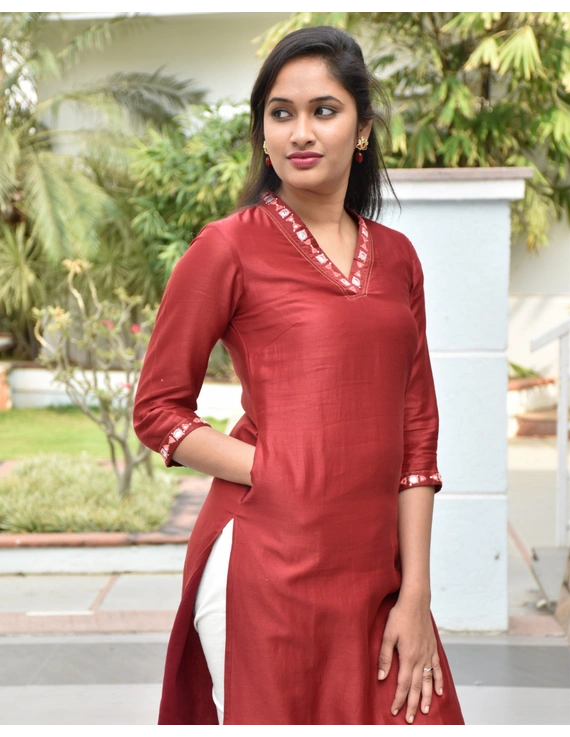 Red chanderi silk kurta with hand embroidery : LK470A-XXL-2
