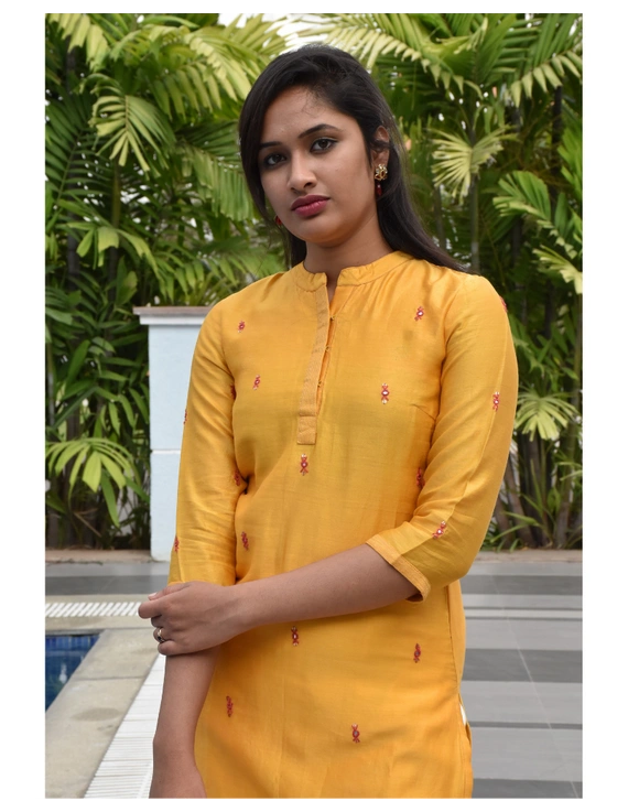 Yellow chanderi silk kurta with hand embroidery : LK480A-XXL-2