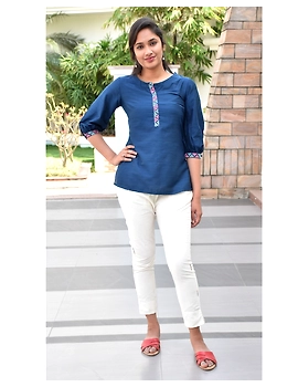 Blue silk Embroidered Tunic - LT140A-LT140A-M-sm