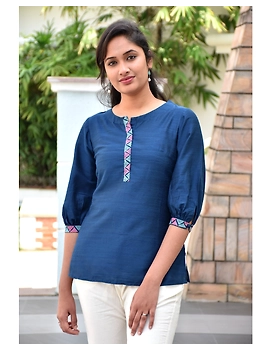 Blue silk Embroidered Tunic - LT140A-M-2-sm