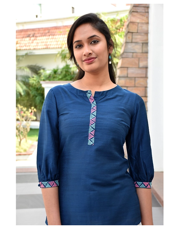 Blue silk Embroidered Tunic - LT140A-S-1