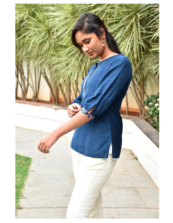 Blue silk Embroidered Tunic - LT140A-XXL-4