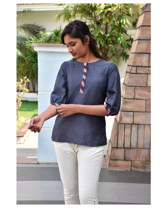 Grey silk Embroidered Tunic - LT140B-XL-1