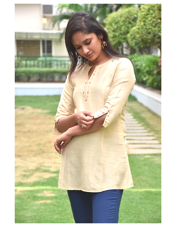 Beige silk embroidered tunic - LT150A-L-2