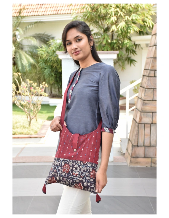 Maroon Kalamkari sling bag with embroidery : SBG04-SBG04