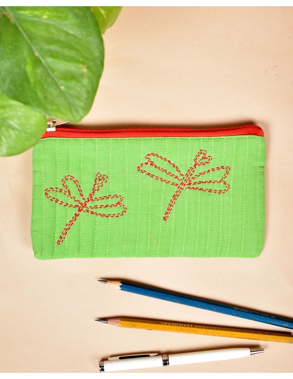 Green Pencil pouch with hand embroidery - PPH02B-PPH02B