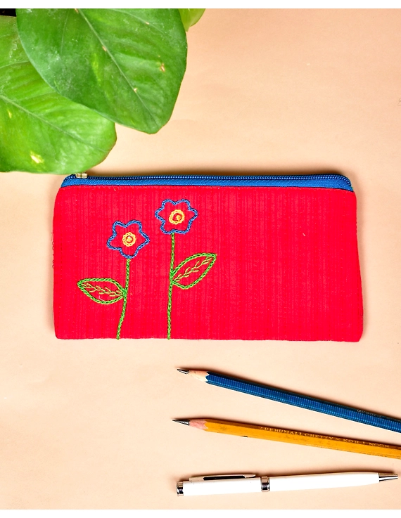 Red Pencil pouch with hand embroidery - PPH02C-PPH02C