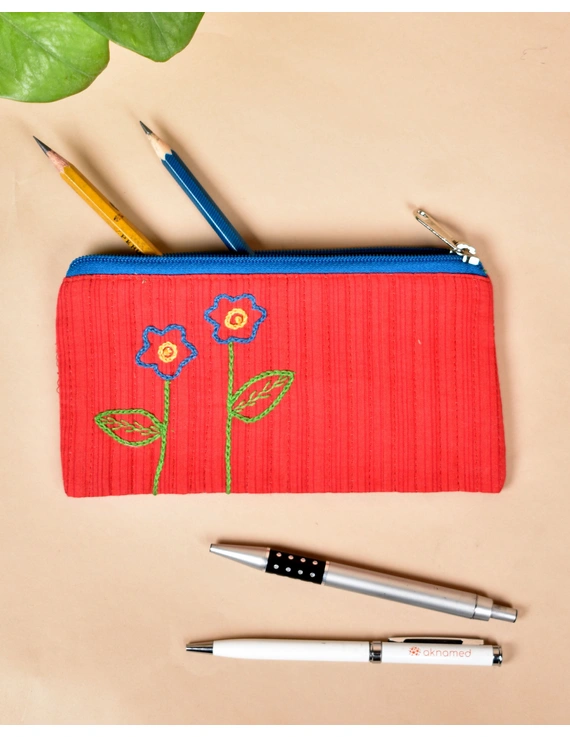 Red Pencil pouch with hand embroidery - PPH02C-3