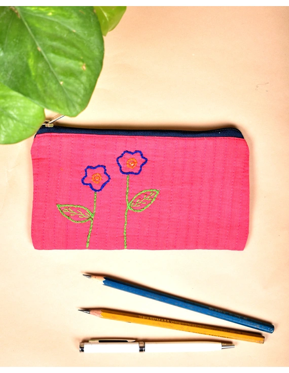 Pink Pencil pouch with hand embroidery - PPH02D-PPH02D