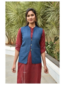 Reversible sleeveless quilted jacket in blue and white ikat : LB170-L-5-sm