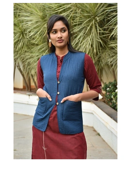 Reversible sleeveless quilted jacket in blue and white ikat : LB170-L-6-sm