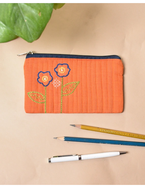 Orange pencil pouch with hand embroidery - PPH02F-PPH02F