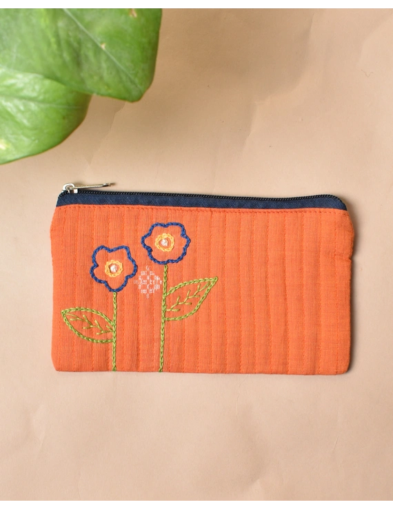 Orange pencil pouch with hand embroidery - PPH02F-2