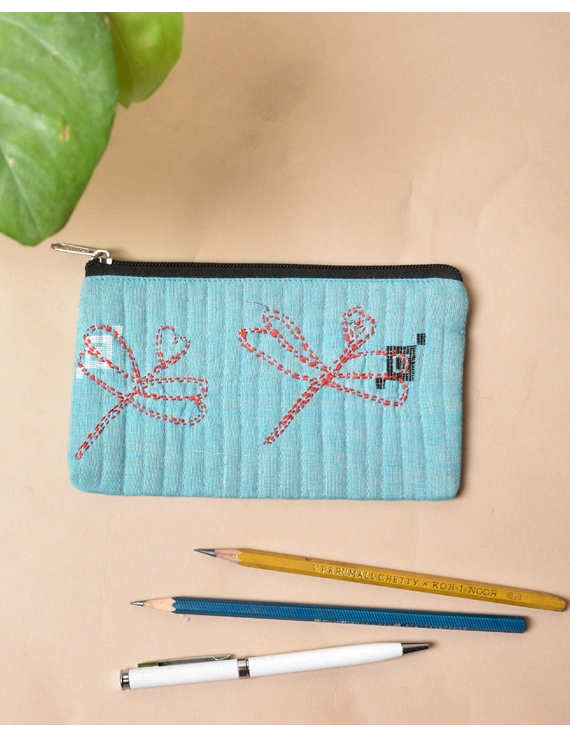 Blue Pencil pouch with hand embroidery Black Zip - PPH02G-PPH02G