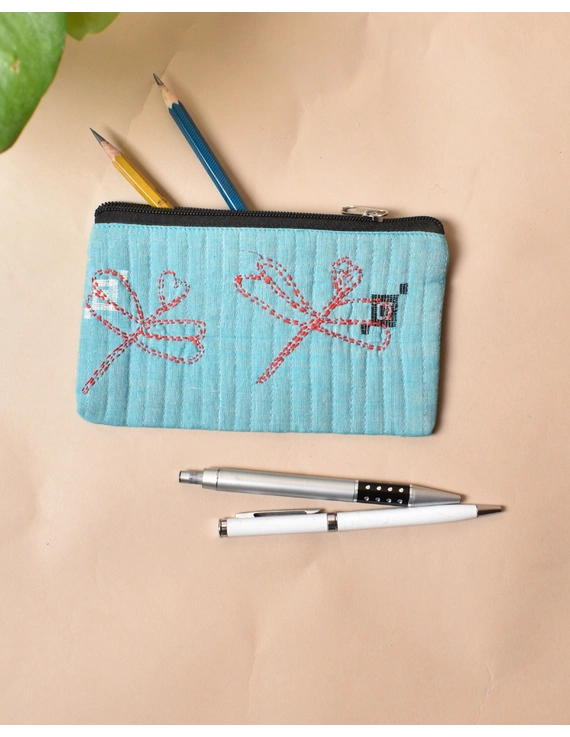 Blue Pencil pouch with hand embroidery Black Zip - PPH02G-1