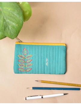 Blue Pencil pouch with hand embroidery Yellow Zip - PPH02H-PPH02H-sm
