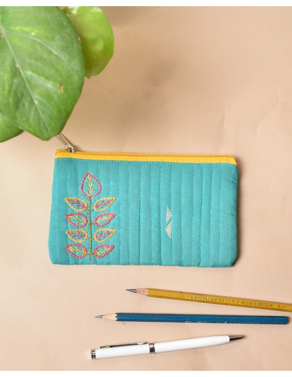 Blue Pencil pouch with hand embroidery Yellow Zip - PPH02H-PPH02H